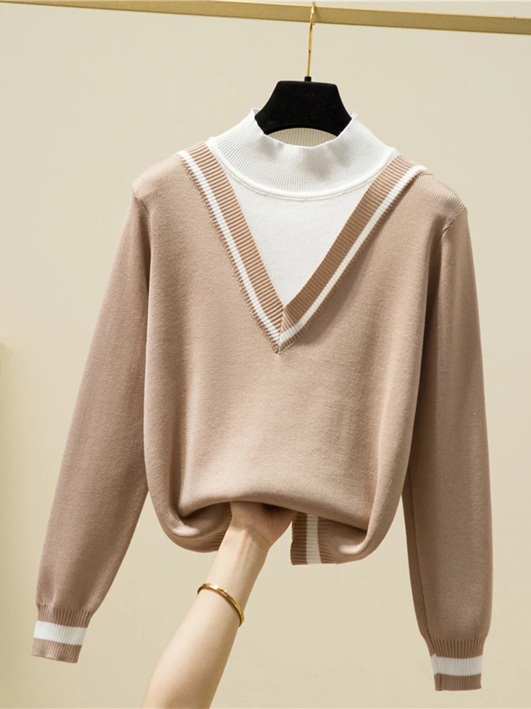 

Fake Two Piece Sweater Women Korean Clothes Black Pullover Sweaters Long Sleeve Top 2022 Autumn Winter Knitted Half High Collar