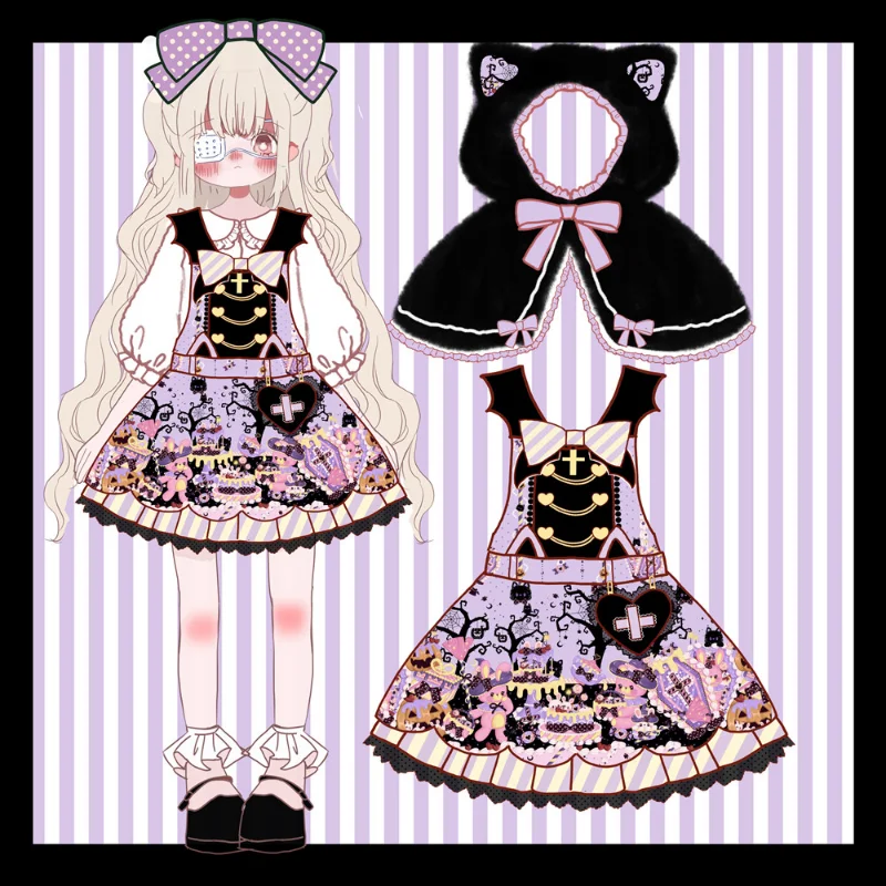Japanese Victorian Lolita Jsk Dress Girl Halloween Cosplay Cat Ears Hooded Cloak Strap Dress Gothic Women Fashion Kawaii Dresses images - 6