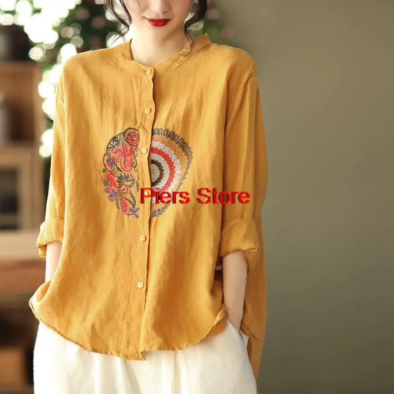 Женская рубашка с вышивкой белая Свободная из хлопка и льна в китайском стиле