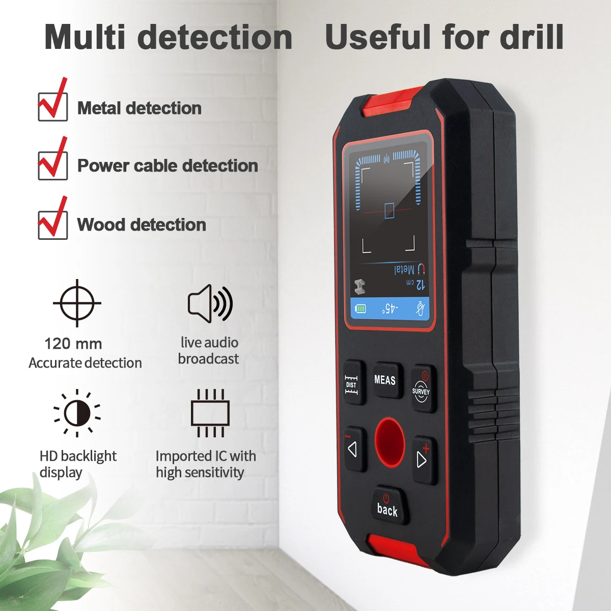 NF-518 Metal Detector Backlit AC Wood Finder Cable Wires Depth Tracker Undeground Sturs Wall Scanner LCD HD Display Beep