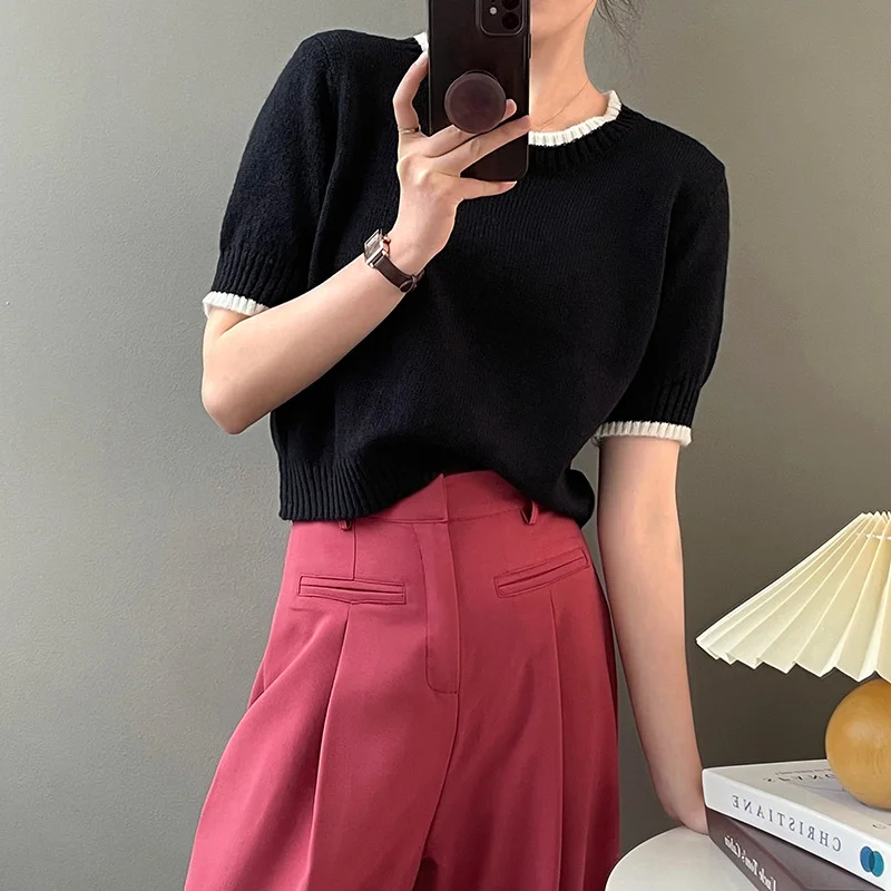 

Однотонный тонкий свитер с круглым вырезом и коротким рукавом, розовые, синие, белые, черные, зеленые летние женские вязаные топы