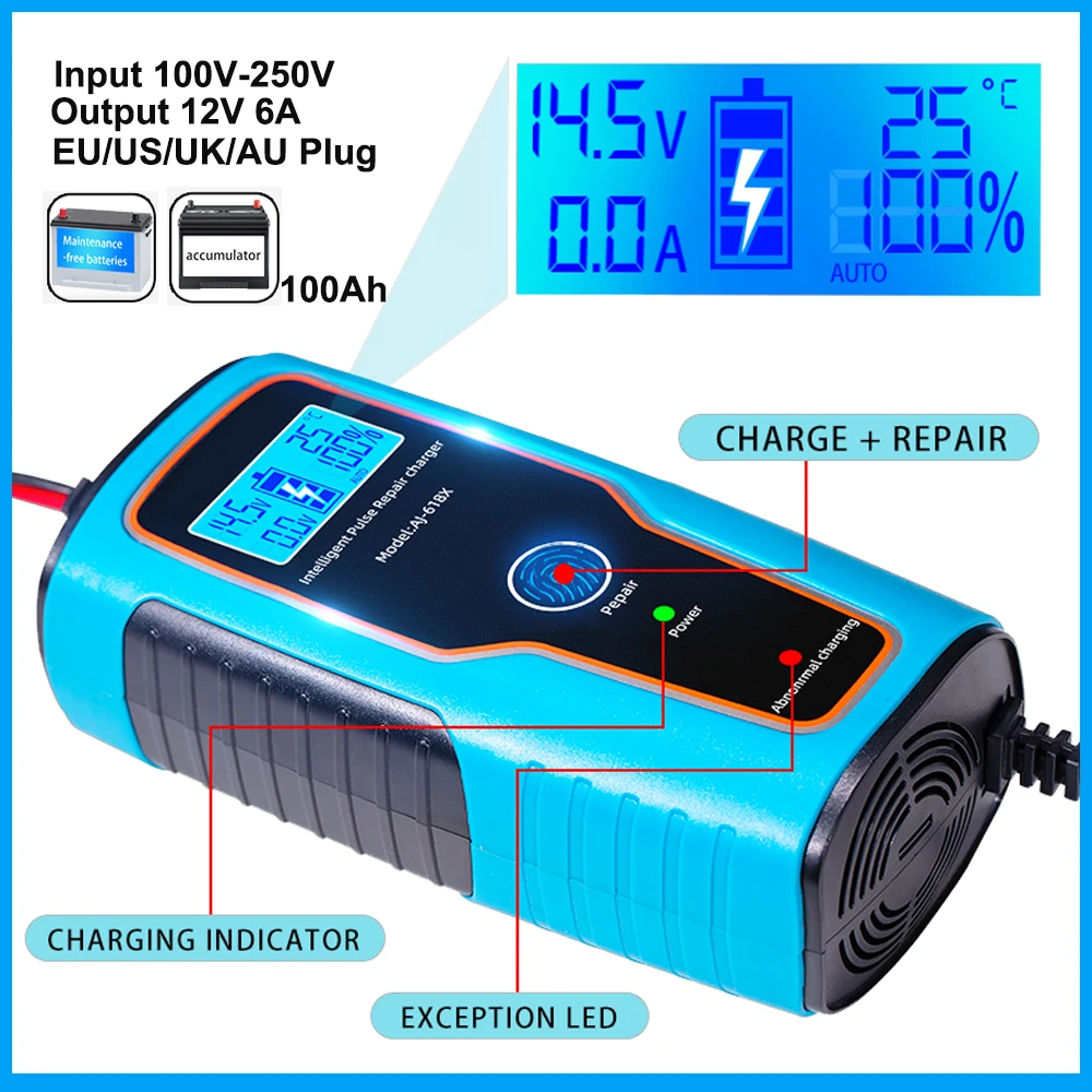 

Automatic Car Battery Charger Pulse Repair 12V 6A Output For 100Ah Lead Acid Batteries Or Maintenance-free Battery Fast Charging