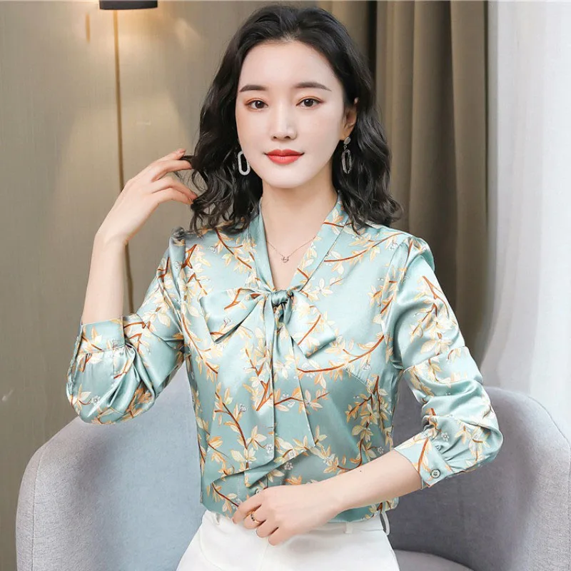 Elegant Printed Button Spliced Lace Up Bow Shirt Women's Clothing 2023 Spring New Oversized Casual Tops Loose Office Lady Blouse