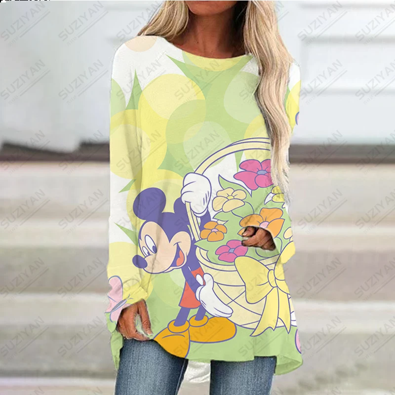 2023 New Women's Spring Short Skirt Long Sleeve Long Top 3D Printed Disney Loose A-line Round Neck Pullover Large Minnie Mickey