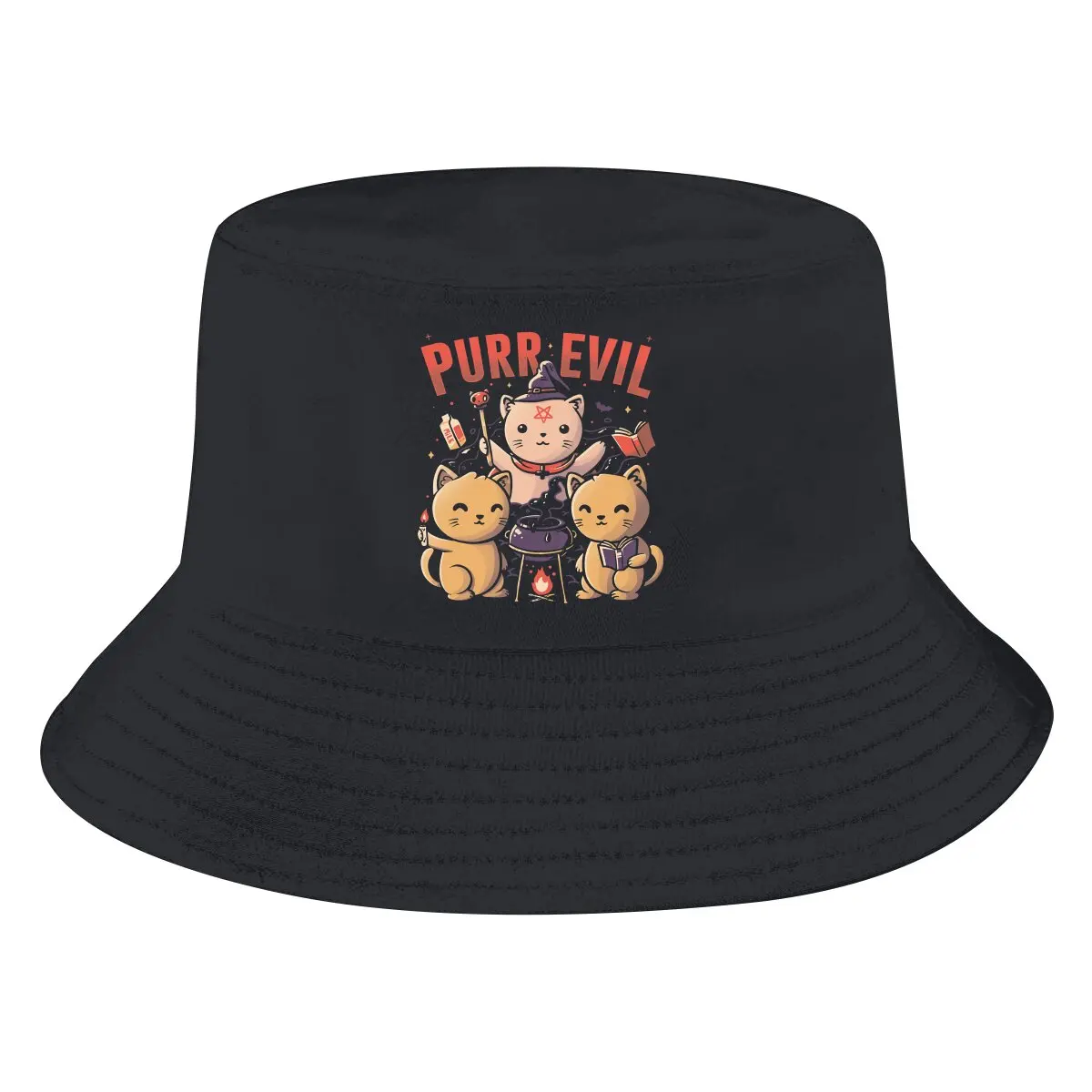 

Purr Evil Unisex Bucket Hats Baphomet Satan Lucifer Hip Hop Fishing Sun Cap Fashion Style Designed