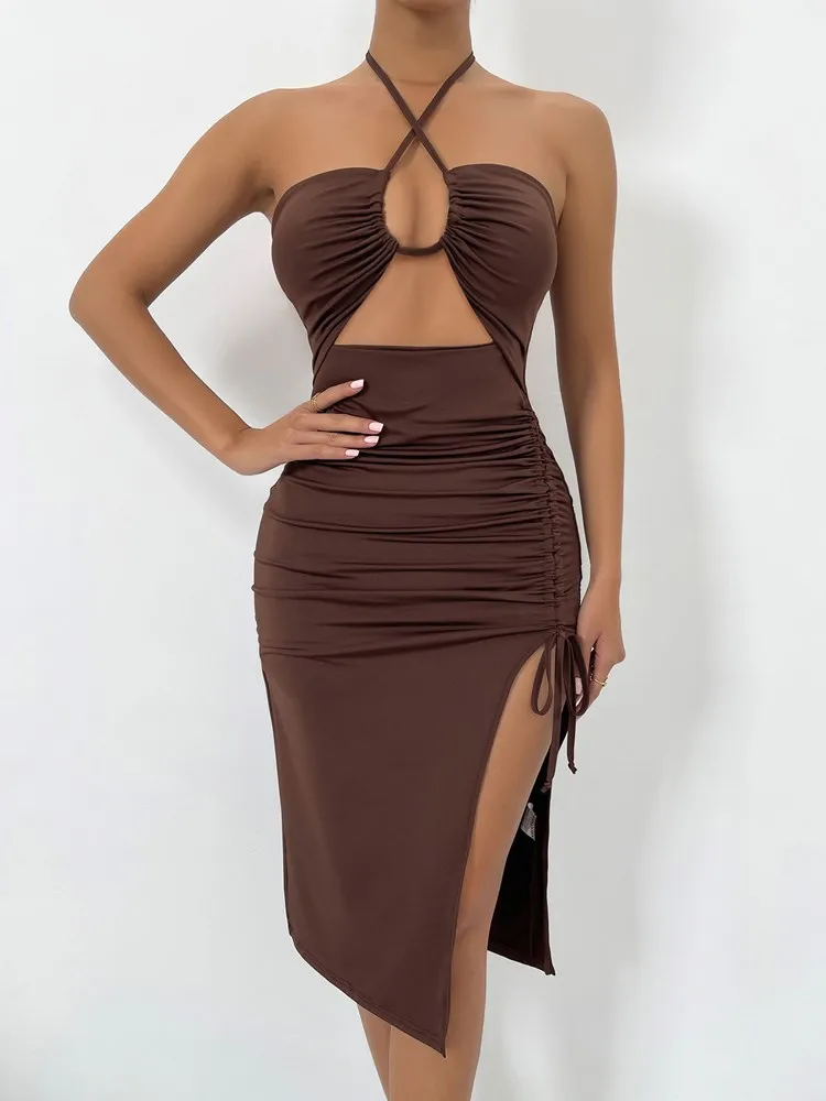 

WJFZQM Sexy Off Shoulder Dress Side Slit Drawstring Club Party Dresses Women Cut Out Bandage Bodycon Backless Ruched Mini Dress
