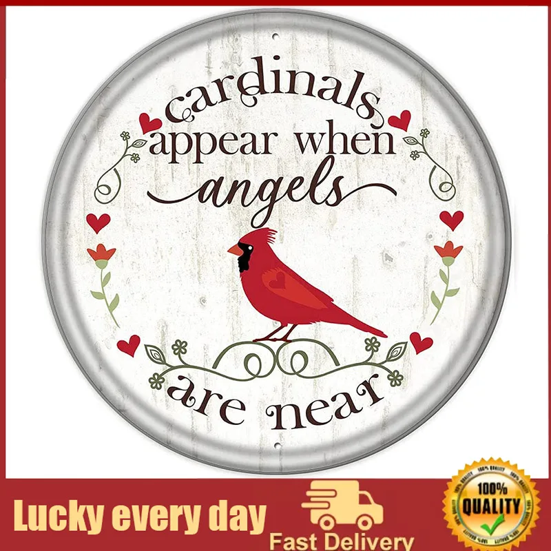 

Christmas Wall Decor Round Metal Tin Sign Cardinals Appear When Angels are Near Sign for Wreaths Housewarming Holiday Home