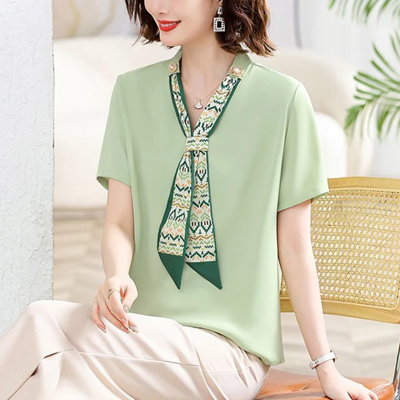 

Summer Vintage Trendy Elegant Fashion Office Lady Blouse Women Chic V Neck Short Sleeve Contrasting Color Drawstring Drape Top