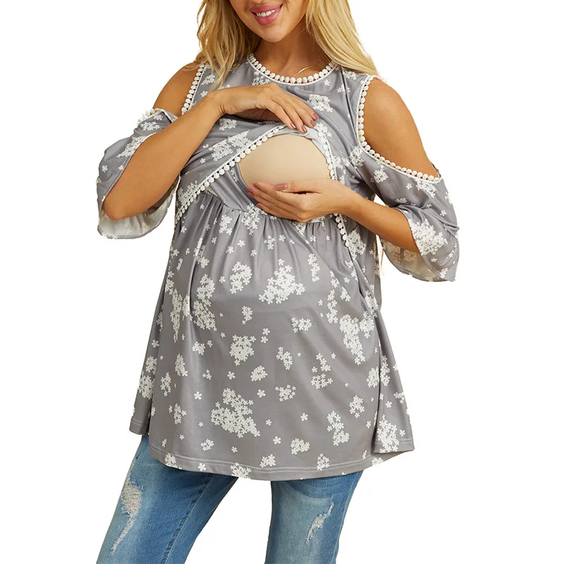 New Summer Maternity Tops Breastfeeding Clothes Fashion Cotton Strapless O-Neck Floral Nursing Clothes Breastfeeding Tshirt