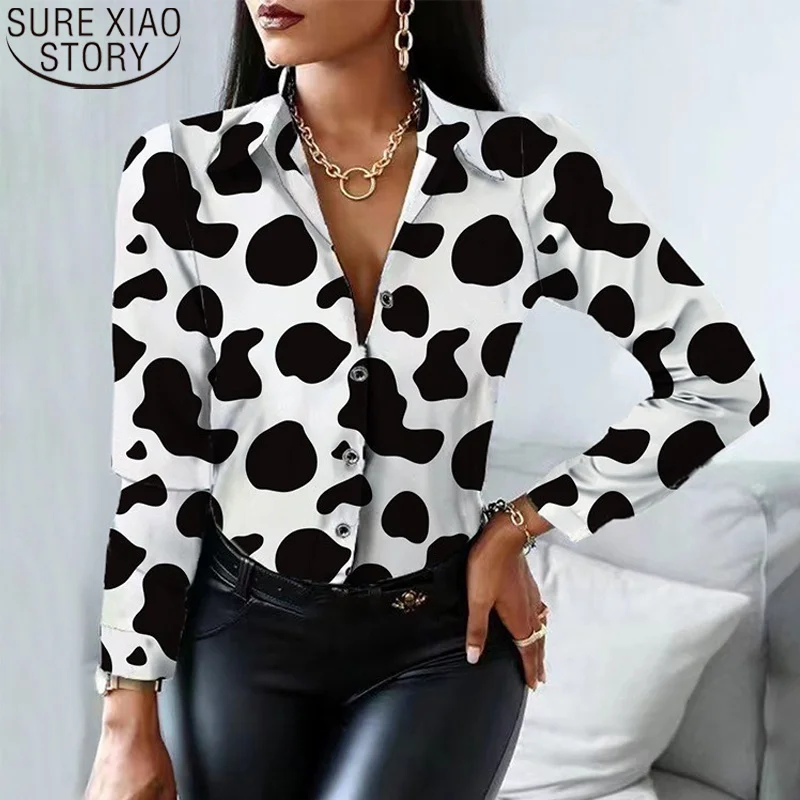 

Fashion Long Sleeve Tops Women Blouse 2022 Spring Autumn New Cow Pattern Long Sleeve Dot Print Shirt Button Clothes Blusas 22553