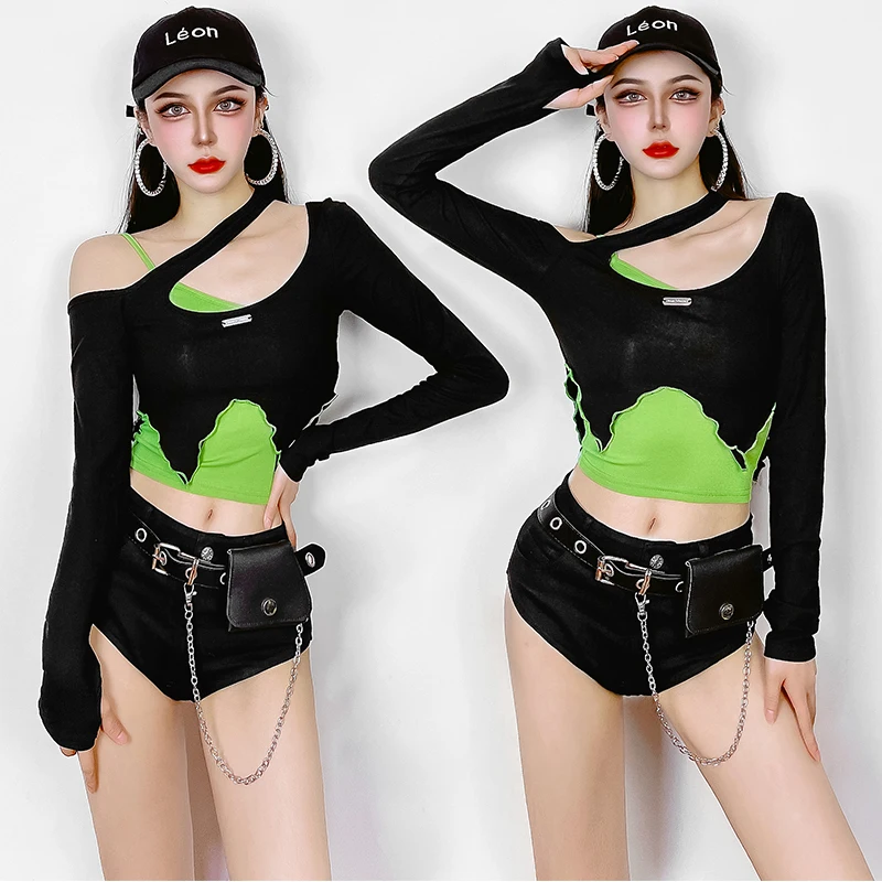 

New Gogo Dancer Clothes Off-Shoulder Tops Shorts Suit Nightclub Dj Ds Stage Costume Adult Women Jazz Dancing Outfit YS34112