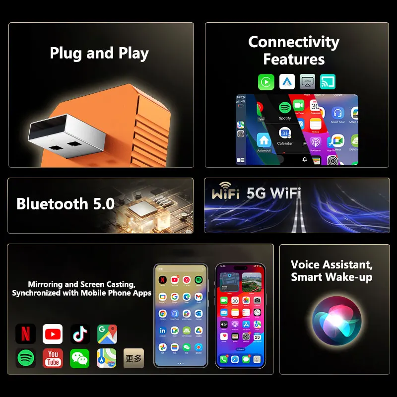 Фото Мини-беспроводной адаптер CarPlay USB Plug and Play с Wi-Fi и Bluetooth для iPhone и Android Auto, подключение AirPlay, 4-в-1, CarPlay 2026, Новинка №4