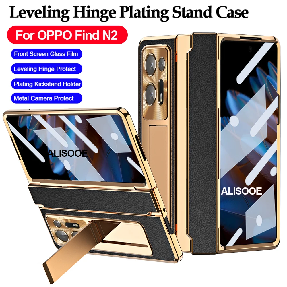 

For OPPO Find N2 Case Leveling Hinge Capa for OPPO Find N2 5G Cases Plating Leather Stand Protection Cover with Front Glass