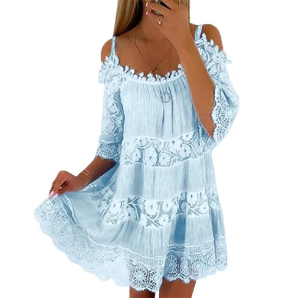

Stylish Party Dress Lightweight Loose Fit Sweet Embroidery Hollow Out Mini Dress Quick Drying Summer Dress for Daily Life