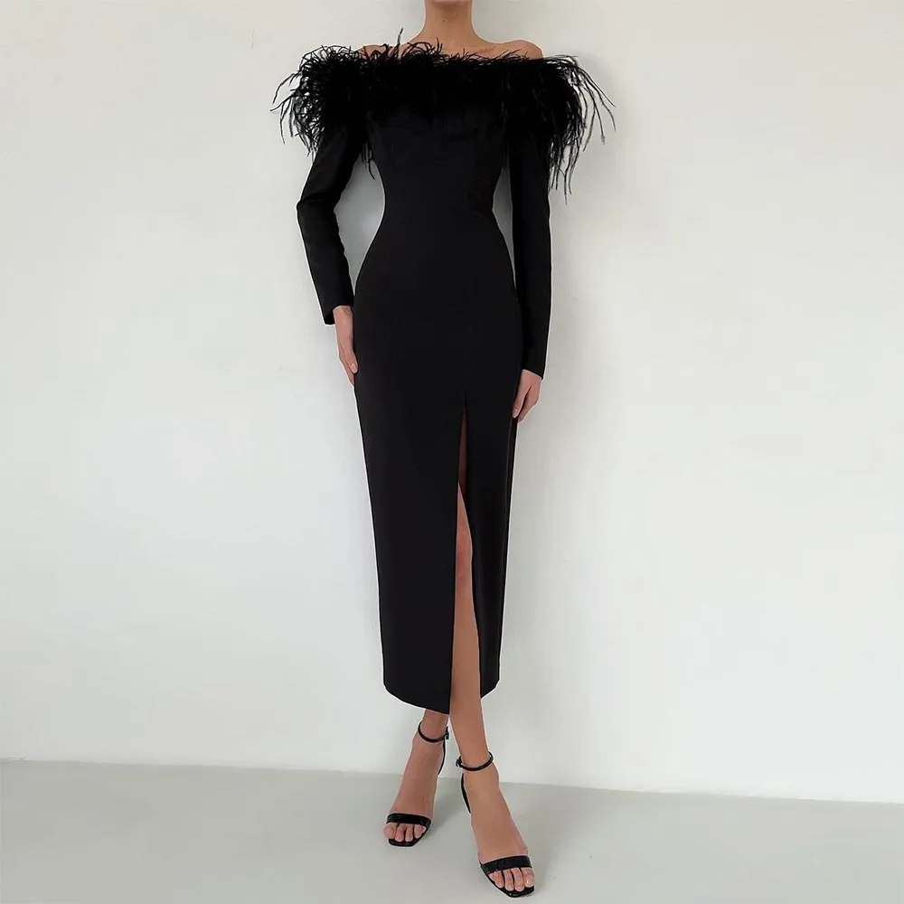 

Prom Dress Elegant 2023 Women Black Long Sleeve Off The Shoulder Side Slit Feathers Stain Mermaid Wedding Gown Robes De Soirée