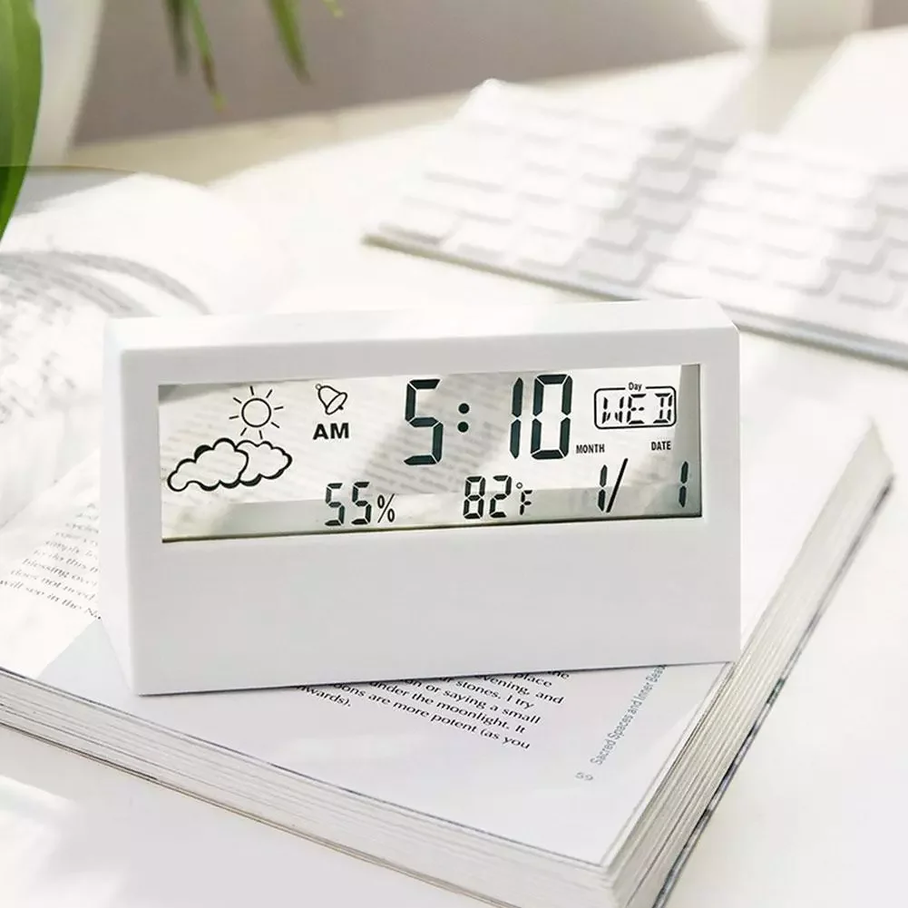 

Electronic Alarm Clock Calendar Weather Temperature Humidity Transparent Display LED Table Clock For Living Room Simple Clock