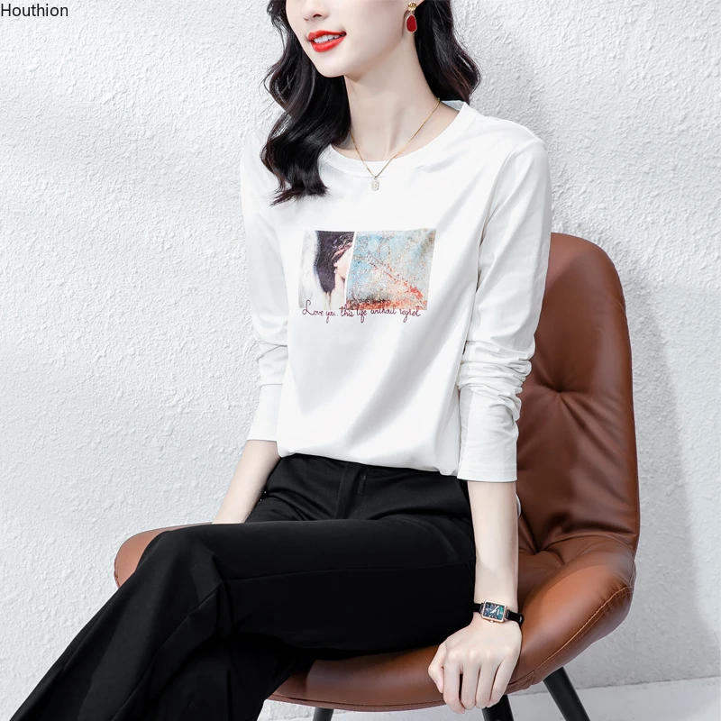 

Summer New Women's T-shirt O-Neck Long Sleeve Top Letter Printing Satin Fashion Loose Female Clothes
