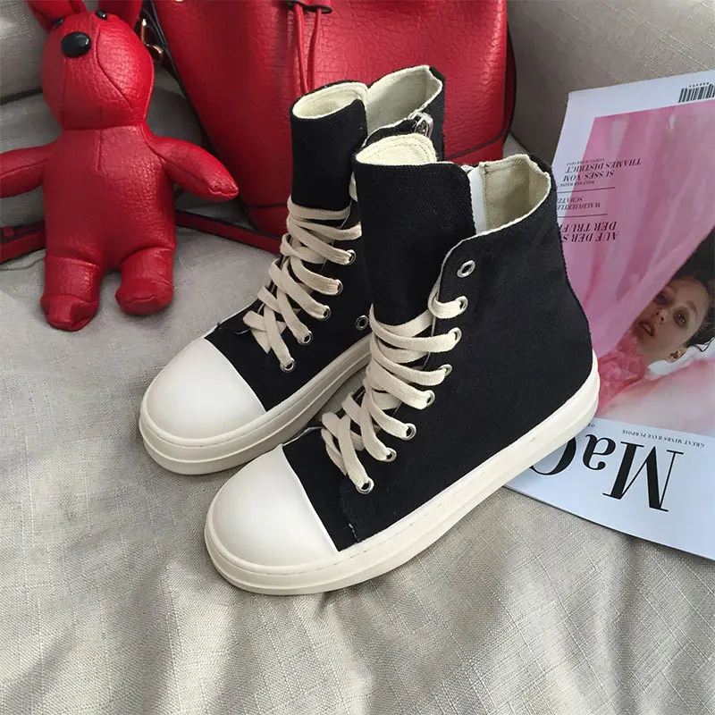 

ro high-top dark style shoes for men and women thick-soled wax canvas satin shoes lace-up casual sneakers short boots