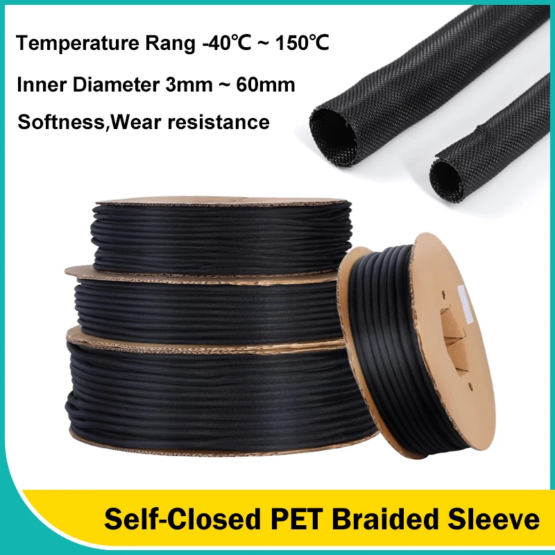 

3 мм ~ 60 мм черный самозакрывающийся ПЭТ расширяемый плетеный рукав изоляционная обертка защита проволоки самозакрытый кабельный органайзер оболочка