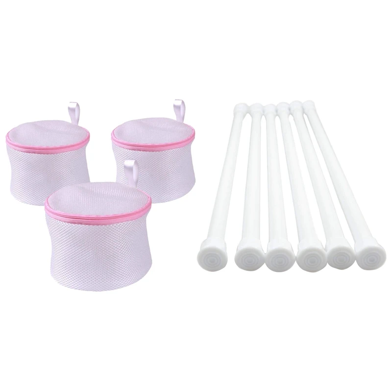 

Набор из 3 сетки для стирки, мешок для стирки диаметром 15 см в X 17 см (белый + розовый) и натяжные стержни 6X, регулируемые Пружинные стержни для ...