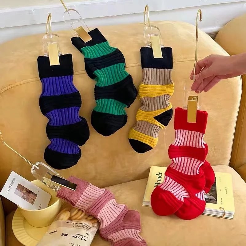 Pleated Striped Mid-tube Socks Women's Contrast Color Lantern Sock Double Needle Trend Color Cotton Ins Tide Brand Niche Socks