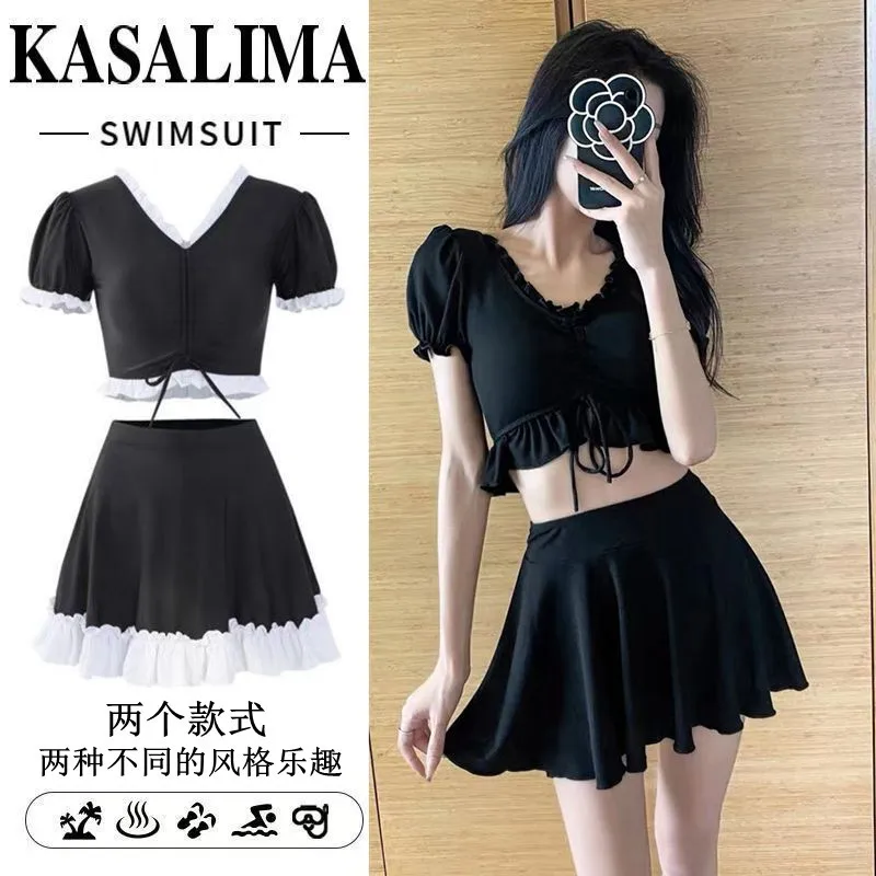 

Swimwear Women's Skirt Style Flat Corner Split Two Piece Set Conservative Slim Student Fairy Fan Korea INS Hot Spring Swimwear