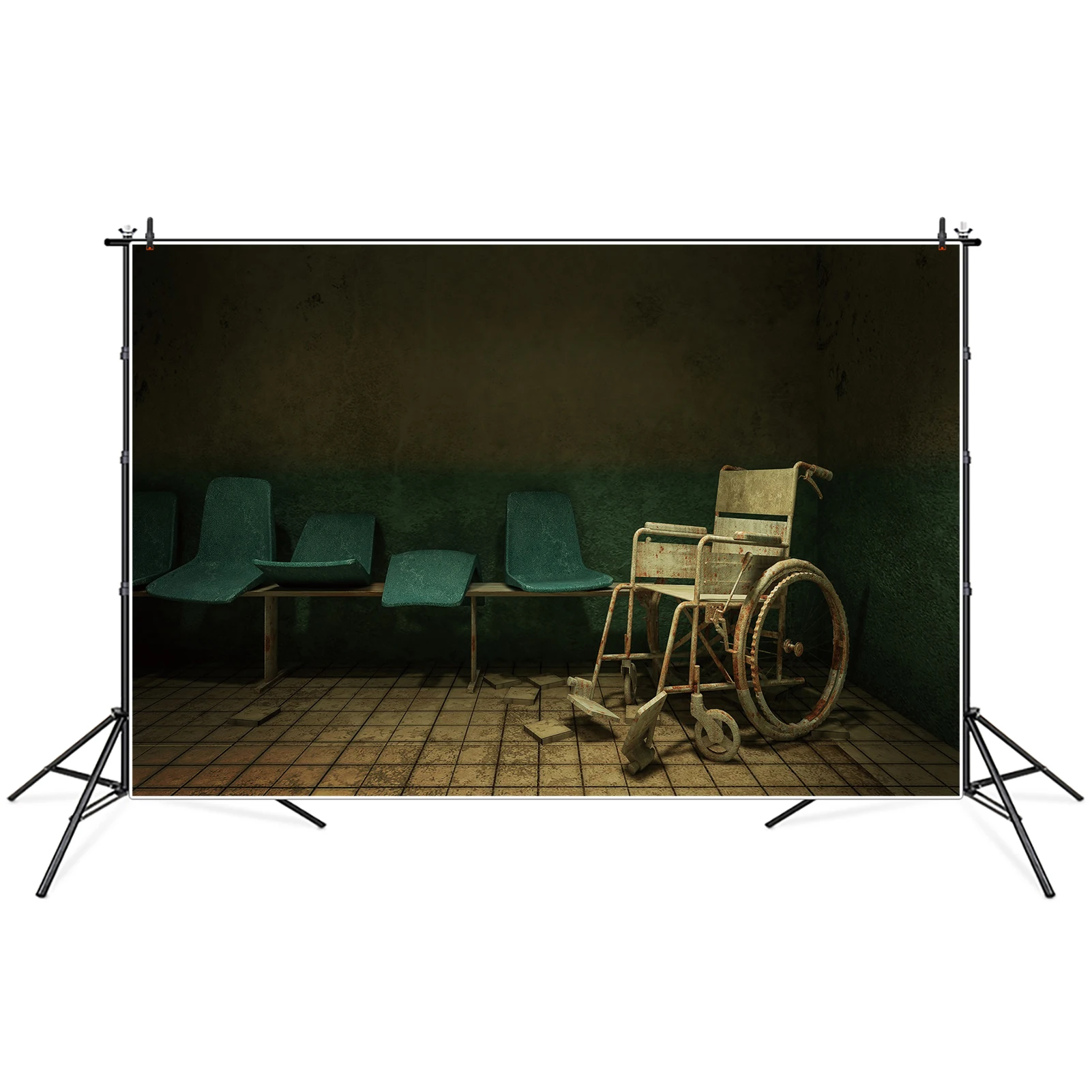 

MOON.QG Backdrop Halloween Decorations Grunge Hospital Rest Room Wheelchair Background Blue White Wall Tile Floor Photo Booth