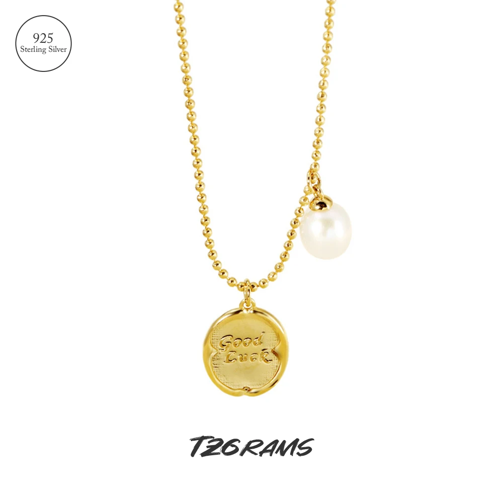 

TZgram Gold Good Luck Pendant with Natural Freshwater Pearl Bead Chain Genuine 925 Silver Transfer Luck Necklace Vintage Jewelry