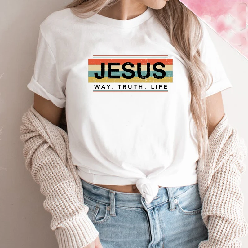 

Jesus Way Truth Life Women T Shirt Retro Religious Simple Faith Graphic Tee Cotton Vintage T-shirt Ladies Clothes Dropshipping