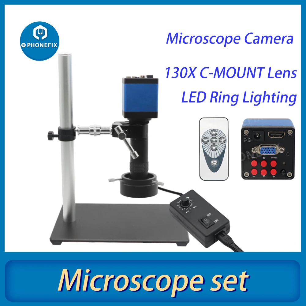 

Full Set 13MP Industrial Microscope Camera HDMI USB Outputs Digital microscopy with LED Light 130X Lens Universal Stand Holder