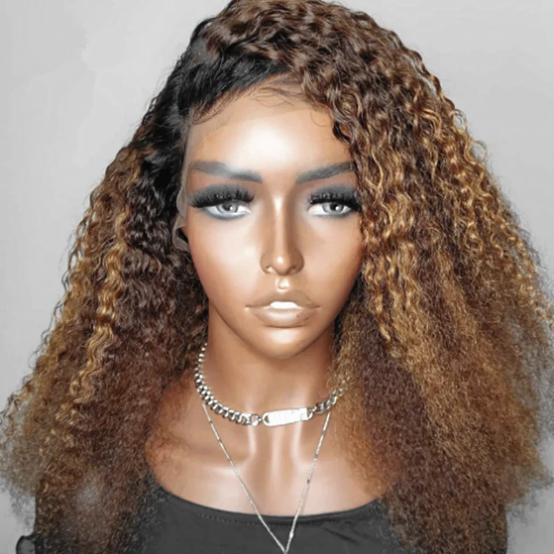 

Soft 26Inch Long Kinky Cruly Ombre Blonde 180Density Lace Front Wig for Black Women BabyHair Glueless Preplucked Synthetic Daily