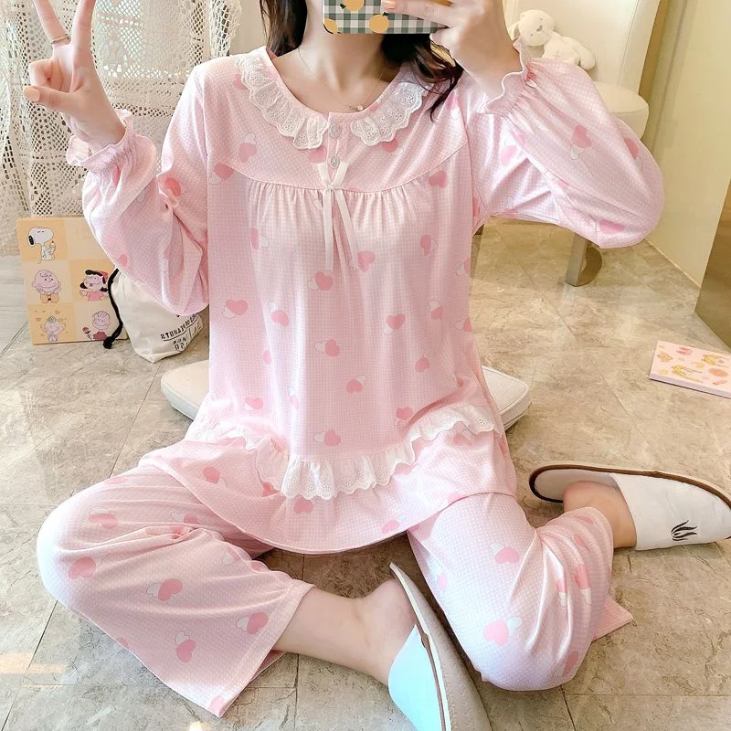 Sweet Pajamas Set Lace Sleepwear For Women Pyjama Women's Autumn Fashion Full-Sleeve Cartoon Princess Flower Homewear Plus Size