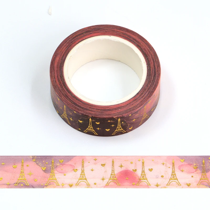 

2022 New 1PC 15mm*10m Decorative Valentine Gold Foil Romantic Paris Eiffel tower Washi Tape Scrapbooking Masking Tape