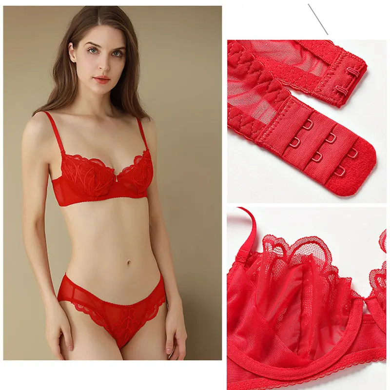 

Sexy Petal Shape Ultra-thin Cup Bra Set Push-up Underwear Set Embroidery Brassiere Gather Bra Plus Size Lace Lingerie Set