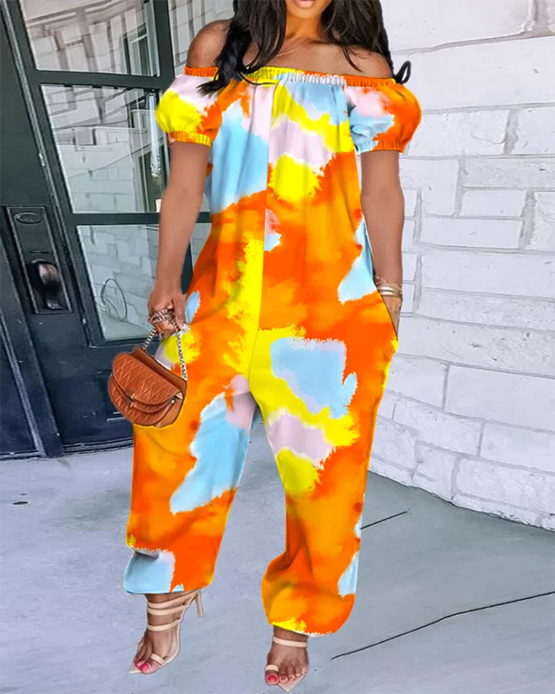 

Tie Dye Print Off Shoulder Cuffed Jumpsuit Women Overalls Summer Spring Strapless Short Sleeve Casual Fashion Loose