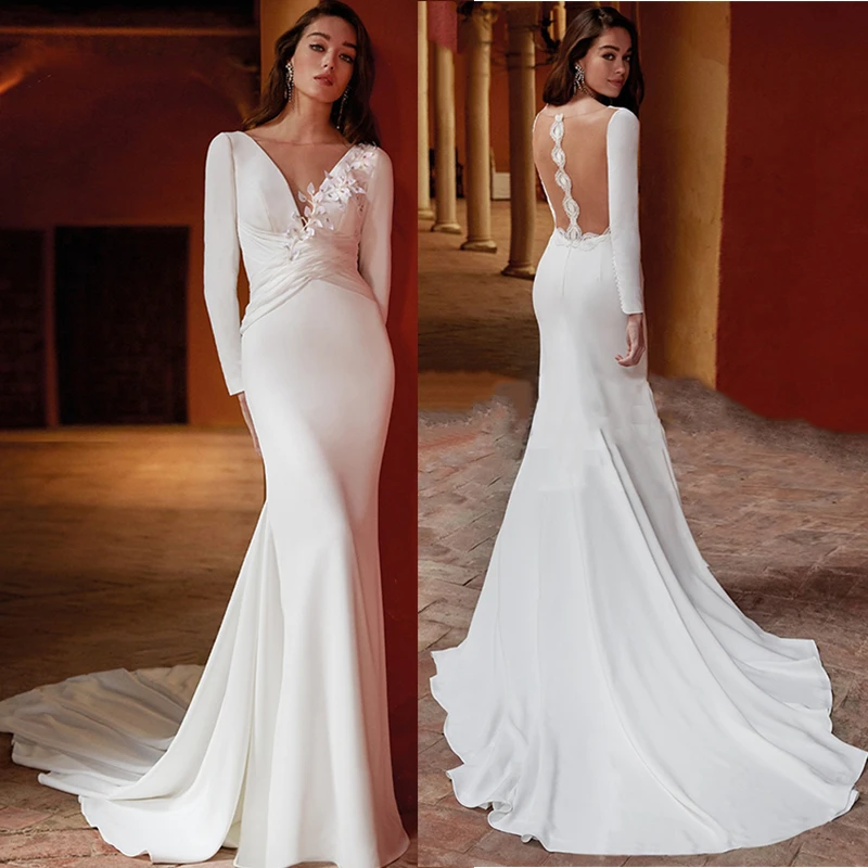 

Modern V-Neck Sheath Wedding Dress With Illusion Backless Simple Satin Bridal Gown Lace Appliques Long Sleeve Vestidos De Novia