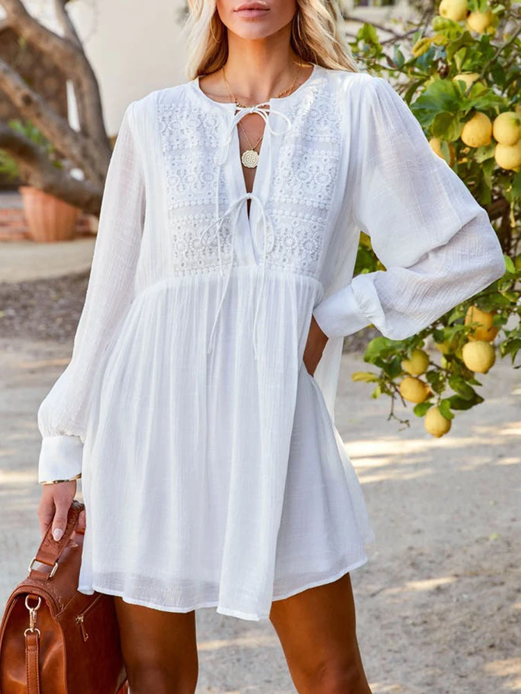 

Woman Dress Solid Long Sleeve V-Neck Loose Casual White Dress Spring Summer 2022 Holiday Beach Sundress Party Vestido