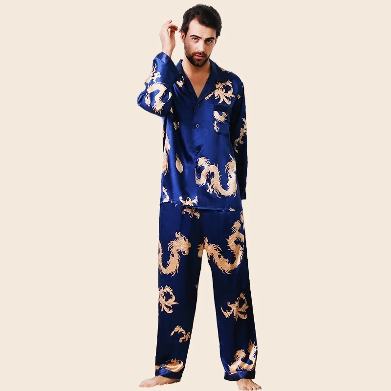 Men's Pajamas Set Summer Full Sleeve T-shirt Long Pants 2Piece/Set Sexy Dragon Print Rayon Pyjama Man Homewear Cozy PJS Big Size