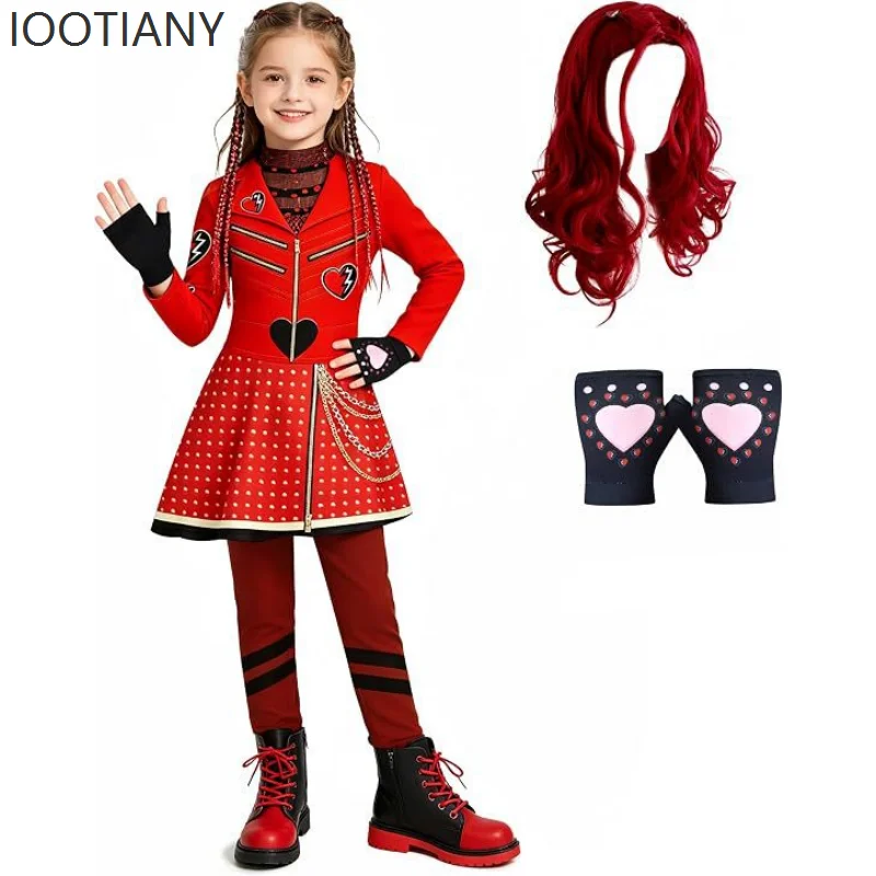 Фото Костюм для косплея Descendants Fantasia Red, детский комбинезон с перчатками Evie, наряд для женщин на вечеринку, Хэллоуин, карнавал, сценический костюм. №5