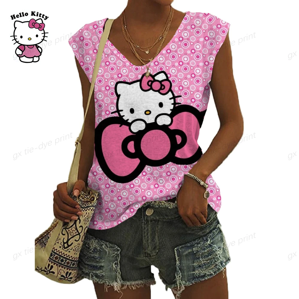 

Summer Top Women Hello Kitty Print T-shirt For Ladies Fashion V-neck Short Sleeve Tee Large Size Streetwear Casual Everyday Tank