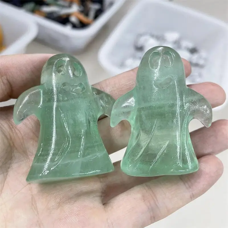 

Natural Crystal Fluorite Halloween Ghost Statue Figurine Healing Handmade Carved Gemstone Home Decoration 1pcs