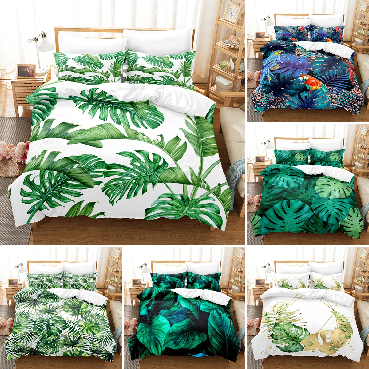 

Tropical Green Leaves Duvet Cover Soft Bedspread Luxury Comforter Cover Zipper Design Queen King Bedding Set With Pillowcases
