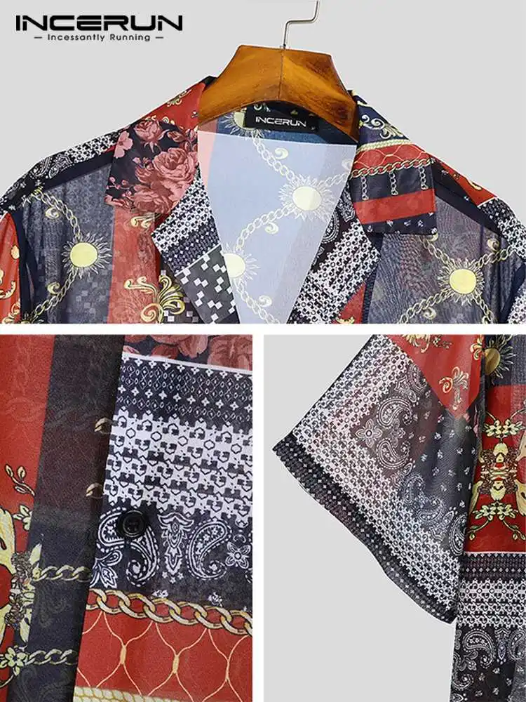 INCERUN Tops 2022 American Style New Men's Slightly Transparent Printed Blouse Casual Streetwear Male Short-sleeved Shirts S-5XL