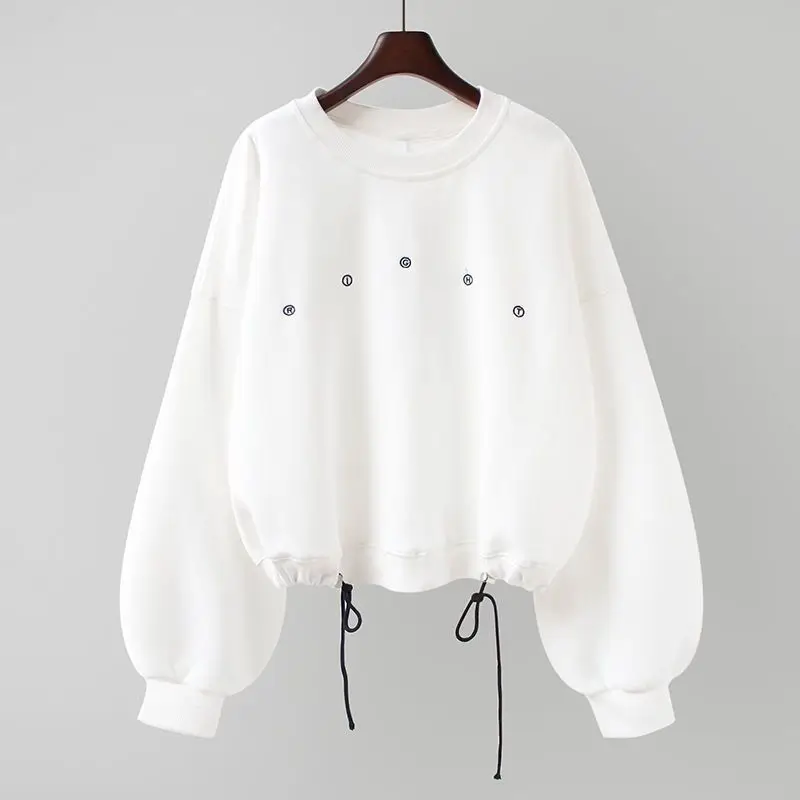 

Fashion Design Pullovers Women Embroidery Cotton Sweatshirts Korean Short Style Thin Pullover Spring Autumn Loose Drawstring Top