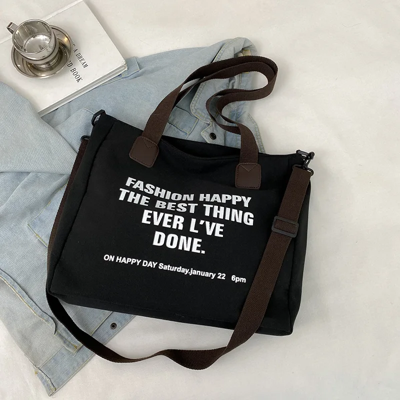 Fashion Canvas Handbag Tote Bags For Women School Work Letter Design Crossbody Bag Personal Shoulder Shopping Bag With Zipper