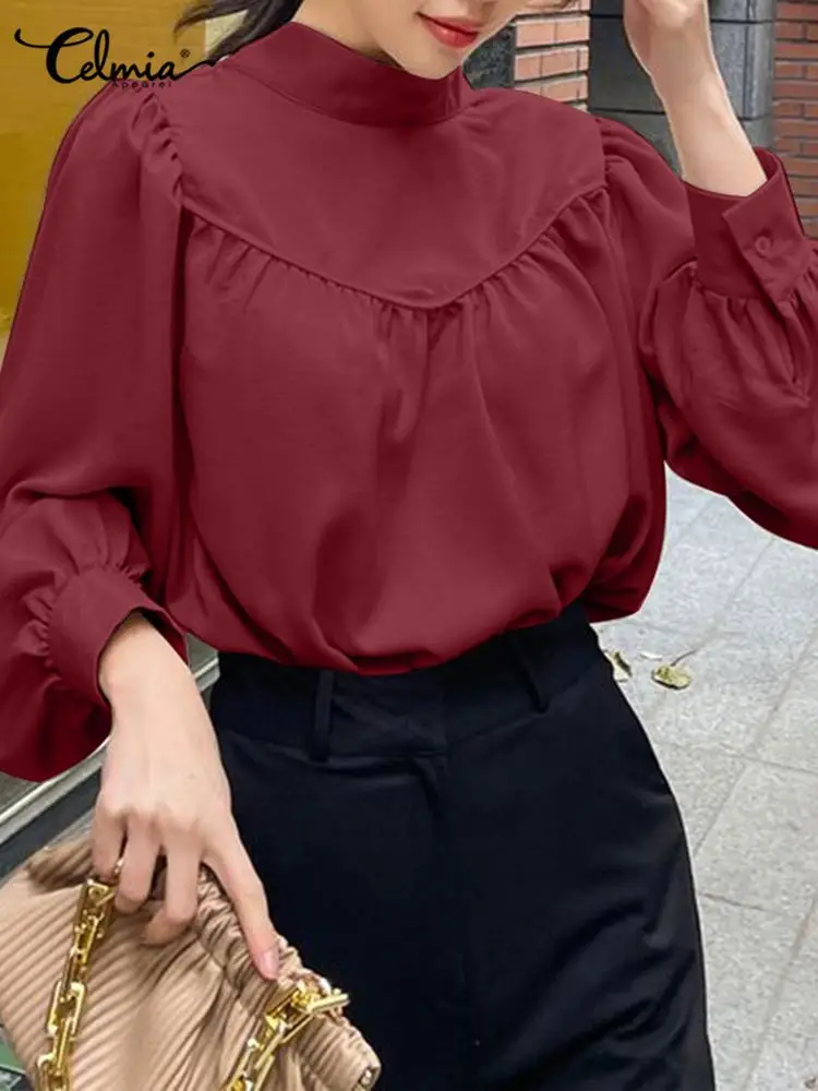 

Celmia Stand Collar Solid Shirts Office Lady Stitching Pleats Vintage Korea Blouses 2022 Summer Women Long Sleeve Leisure Tops