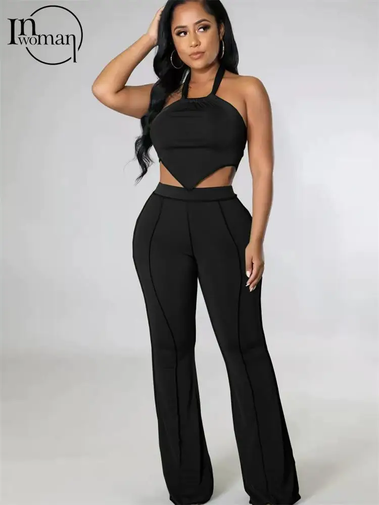 

Inwoman Fall Sexy Solid 2 Two Piece Sets Fall Outfit For Women 2022 Halter Crop Top And Pants Sets Female Fashion Matching Sets