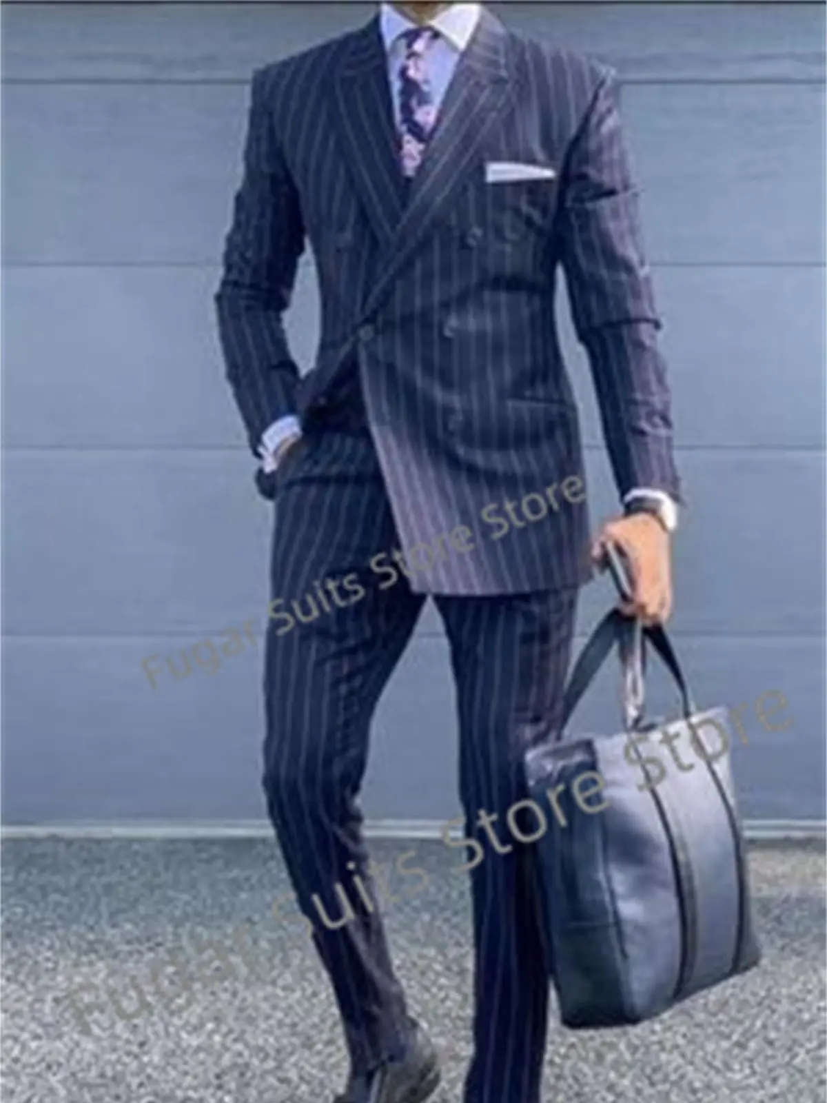 

Business Navy Blue Stripe Wedding Men Suits Slim Fit Double Breasted Groom Tuxedos 2Pieces Sets Luxuly Male Blazer Costume Homme