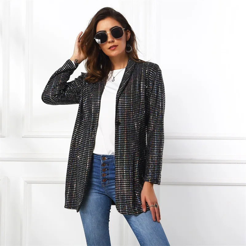 Fashion Sequin Blazer Women Bright Silver Single Button Casual Office Blazer Spring Autumn Work Suit Vintage British Style Slim