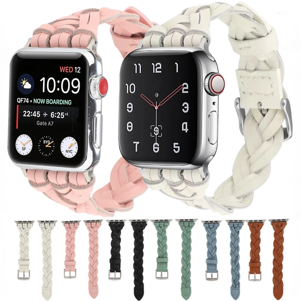 

Leather Strap for Apple Watch Band 45mm 41mm 44mm 40mm 42mm Women Hand-woven Single Tour Wristband for iWatch 87654SE Ultra 49mm